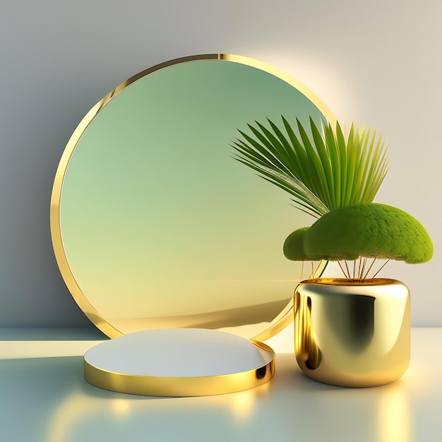 Round empty shiny gold podium table green bamboo palm tree in beautiful sunlight leaf shadow on wh