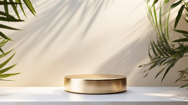 round empty shiny gold podium table green bamboo palm tree in beautiful sunlight leaf shadow