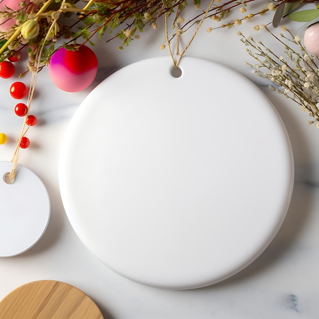 Photo round empty white ceramic ornament blanks as heartwarming gifts for a family reunion