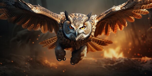 Photo round eyes and a curved beak an owl is about to fly in the sky it has a focused and angry expression on its face as it searches for its prey it spreads its wings wide shows its powerxaxa