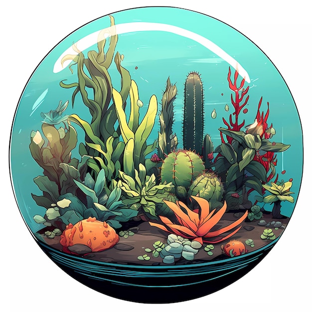 A round fish bowl with plants and a fish tank.