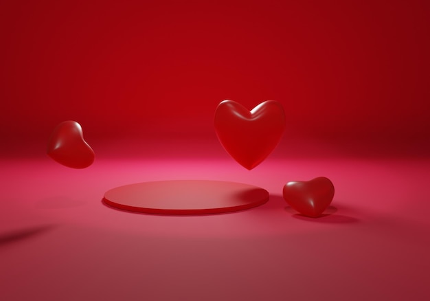 Round flat 3D podium for product advertising for Valentine's Day. 3D Render podium and red hearts