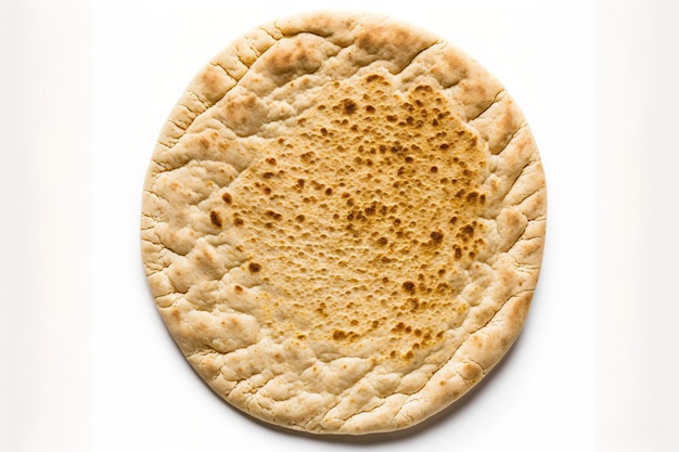 Foto pane piatto rotondo fatto di grano o pita dall'alto isolato su uno sfondo bianco