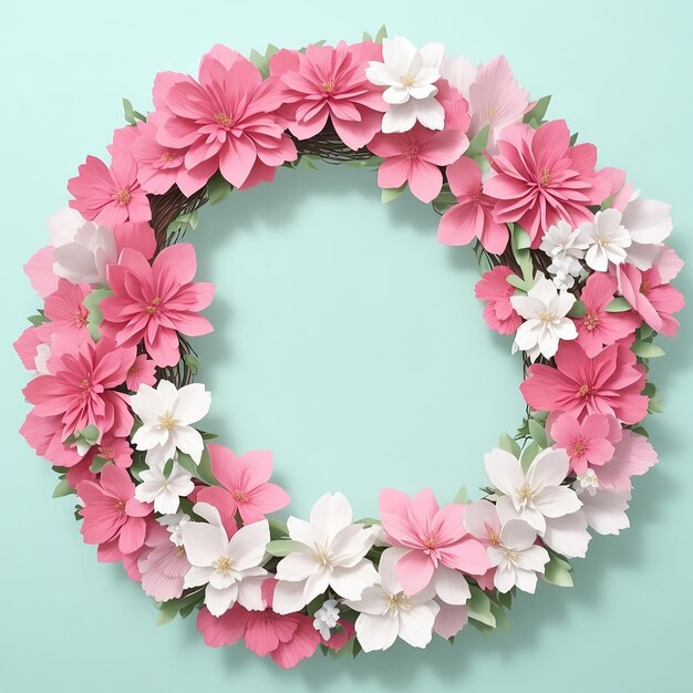 Round floral frame on a soft pink background