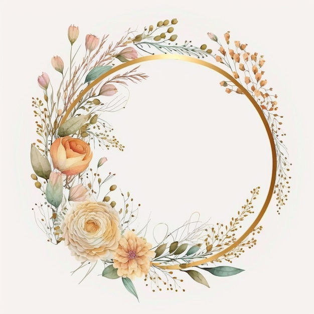 A round floral frame with gold rim and flowers generative ai