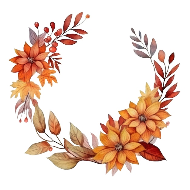 Round frame of autumn flowers and leaves in a watercolor style Floral and leaves AI