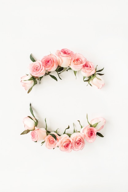 Round frame border of pink rose flower buds on white