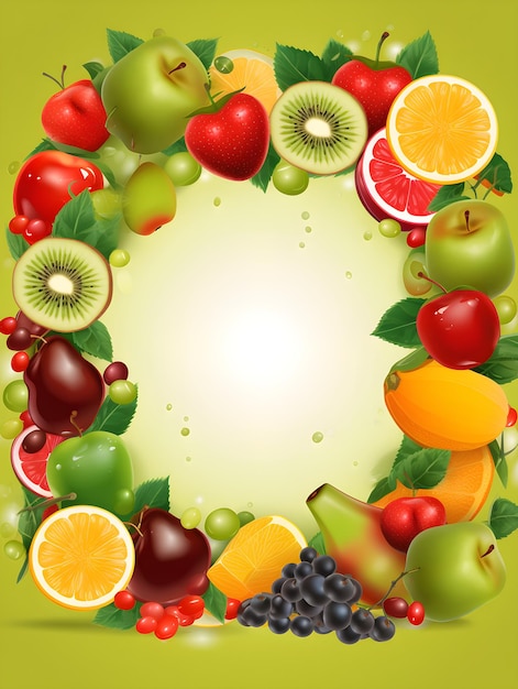 A round frame of fruit with a green background