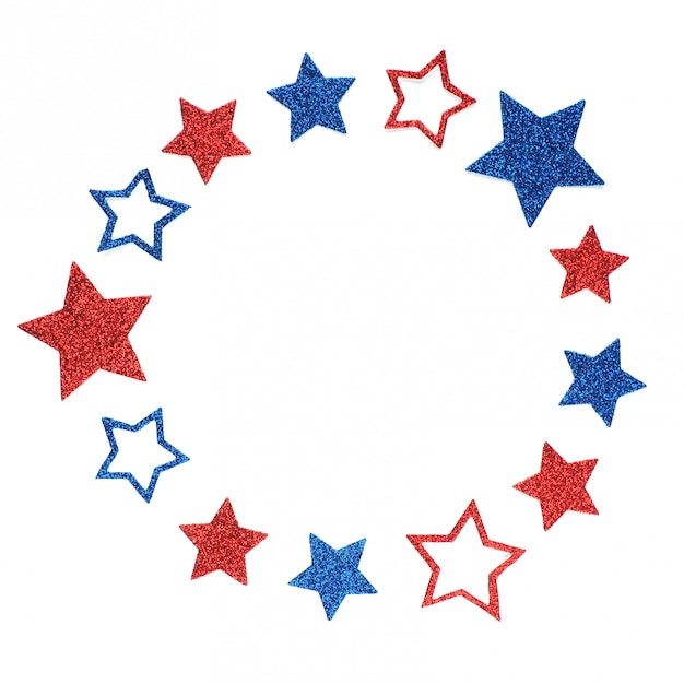 Photo round frame of glittering stars in the colors of the american flag.