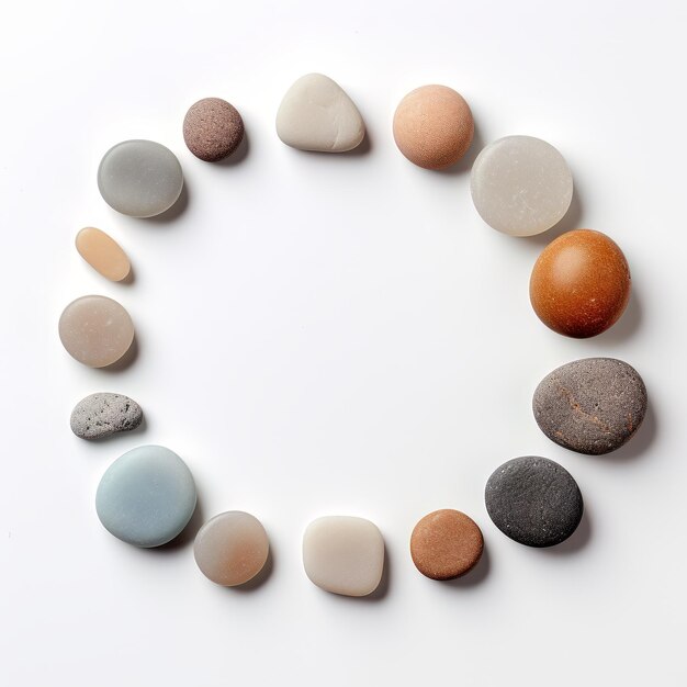 Round frame made of multicolored pebbles on a white background