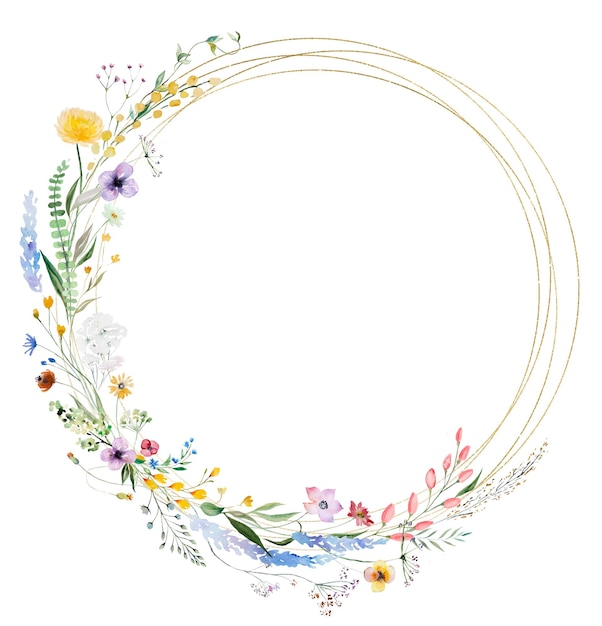 Round Frame made of watercolor wildflowers and leaves, wedding and greeting  illustration - a Royalty Free Stock Photo from Photocase