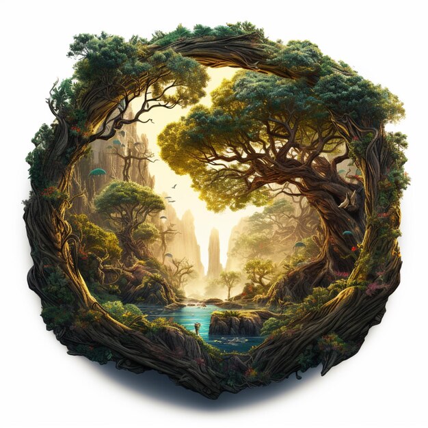 Round frame nice natural magical tree image Generative AI