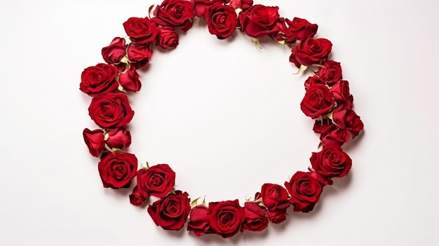 写真 乾燥した赤いバラで作られた丸いフレームまたは花束