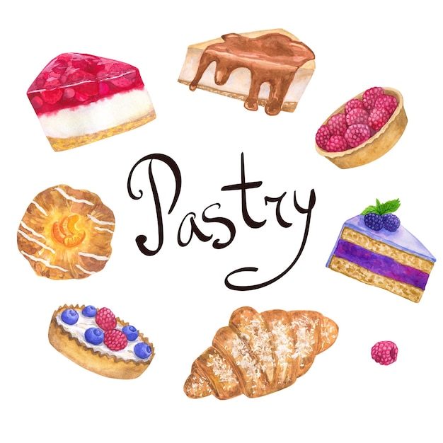 Round frame template with delicious desserts for a pastry shop. Hand drawn watercolor illustration. Isolated on white wall.