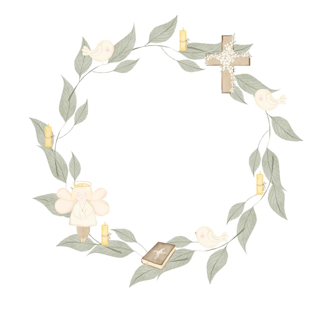 Round frame with an angel and branches with birds watercolor wreath with cute bible and candle