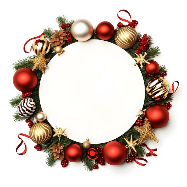 A round frame with Christmas balls and decorations