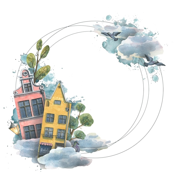 Round frame with cute european houses clouds trees and pigeons
watercolor illustration for the design and decoration of tourist
stickers postcards booklets advertisements certificates
tickets