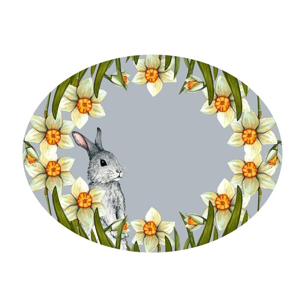 A round frame with daffodils and a bunny on it.