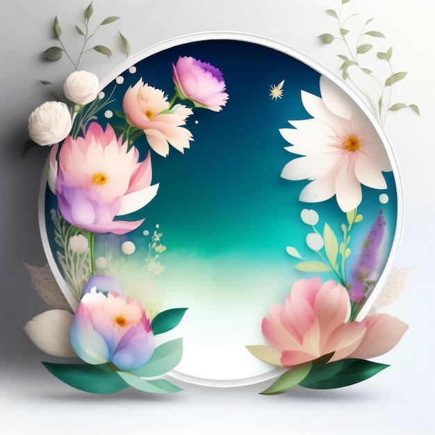 A round frame with flowers and a bee on it