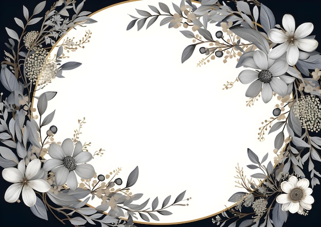 a round frame with flowers and leaves on a black background Abstract Charcoal color foliage