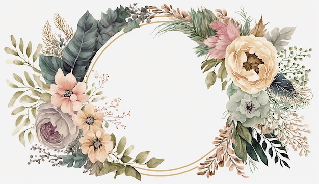 A round frame with flowers and leaves on it