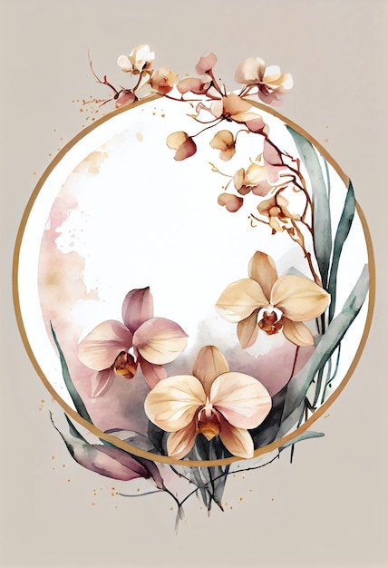 A round frame with flowers and leaves.