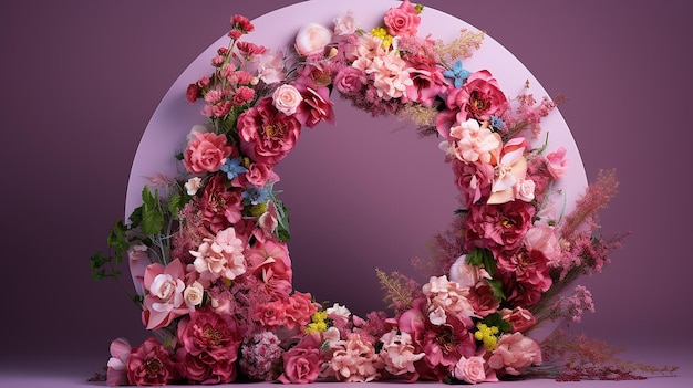 round frame with flowers presentation studio background stage podium abstract invitation