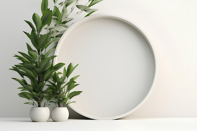 Round Frame With Green Plant And White Background