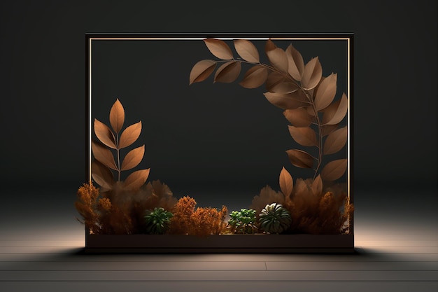 A round frame with leaves on it and a brown background