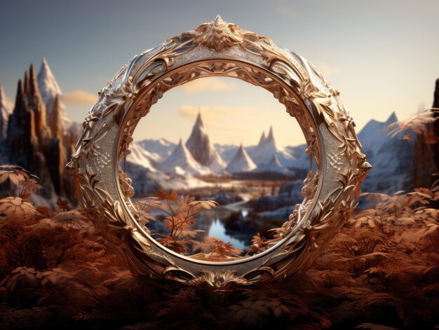 Photo a round frame with mountains in the background