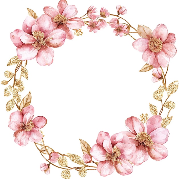 round frame with peonies in the glamour style golden glitter watercolor illustration on white background