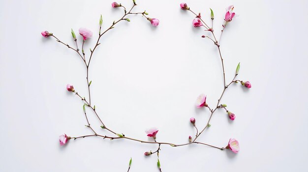 Foto quadro rotondo con boccioli di fiori rosa, rami e foglie isolati su sfondo bianco