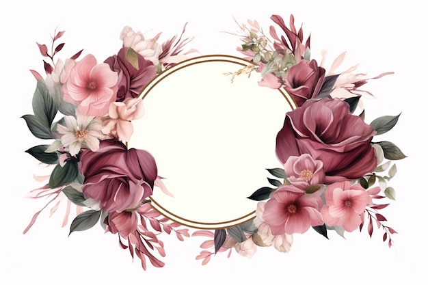 A round frame with pink flowers and leaves.