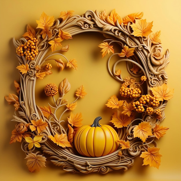 Round frame with pumpkin autumn tree on yellow orange background