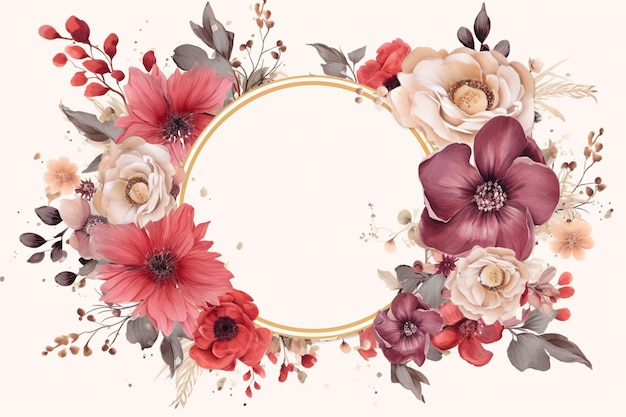 A round frame with red and pink flowers.