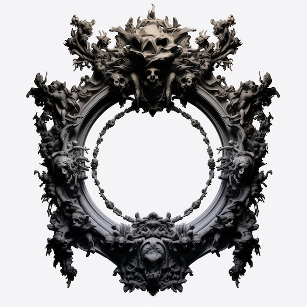 A round frame with a skull and crossbones on it.