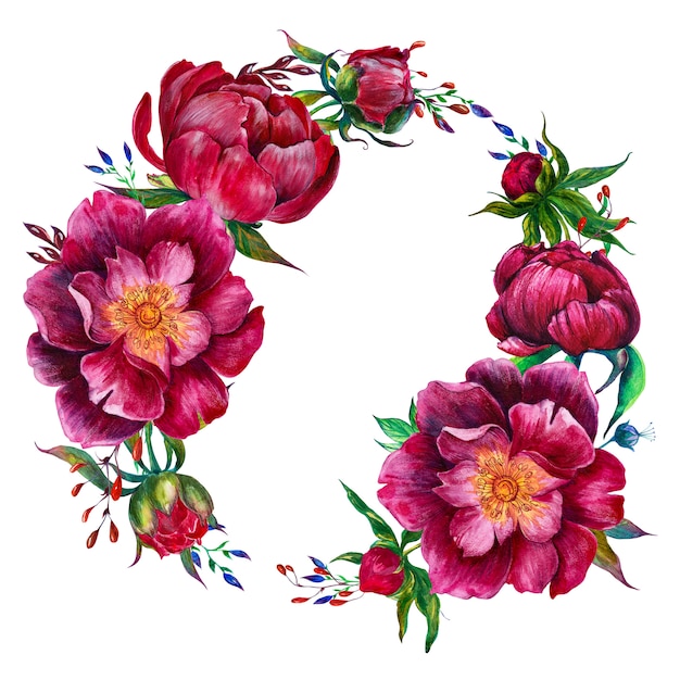 Round frame with watercolor peonies and graphic flowers