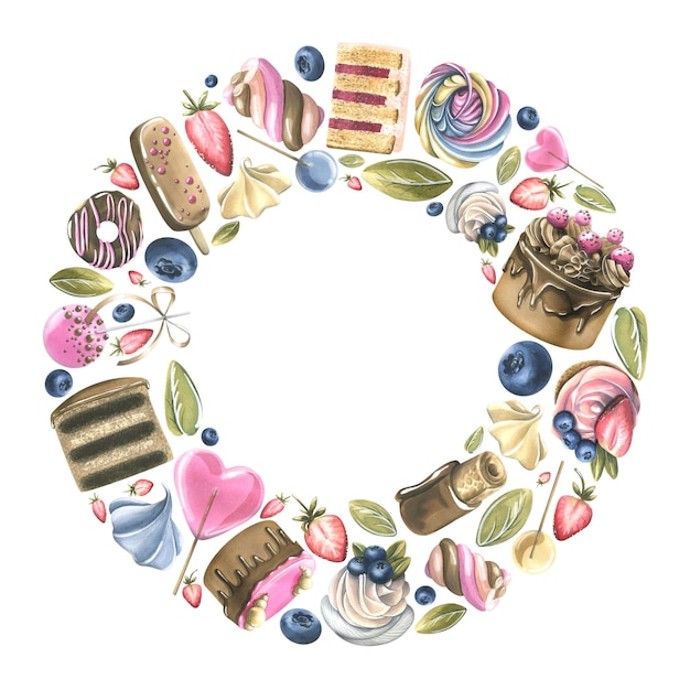 Round frame a wreath of cakes cupcakes lollipops and berries\
watercolor illustration from a large set of sweets for the design\
and decoration of menus cafes logos postcards posters