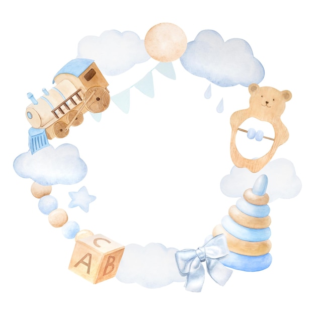 Photo round frame wreath of children's toys in blue and beige colors watercolor illustration