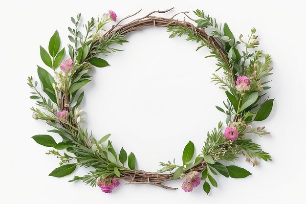 Photo round frame wreath with fresh flower buds branches and leaves isolated on white background
