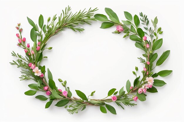 Photo round frame wreath with fresh flower buds branches and leaves isolated on white background