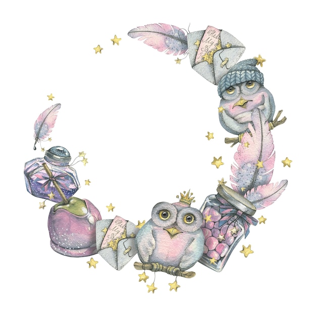 Una cornice rotonda una corona con parole magiche lettere piume e dolci illustrazione ad acquerello inverno natale capodanno per la progettazione e la decorazione di cartoline poster inviti