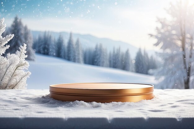 Round geometric empty podium for a product display on background in winter outdoor activities