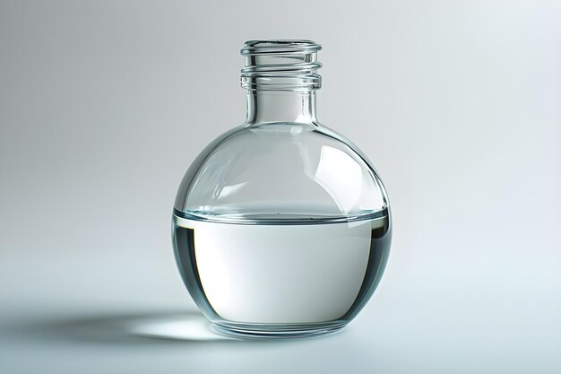 Photo a round glass bottle for storing cosmetics gray light background