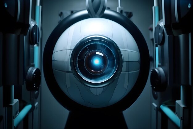 A round glass eye with the word robot on it