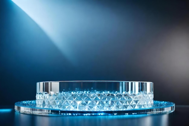 Photo round glass plastic podium composition with crystal ice in the photo studio hyperrealistic materials