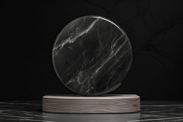 A round glass plate with a wooden base on a black background.