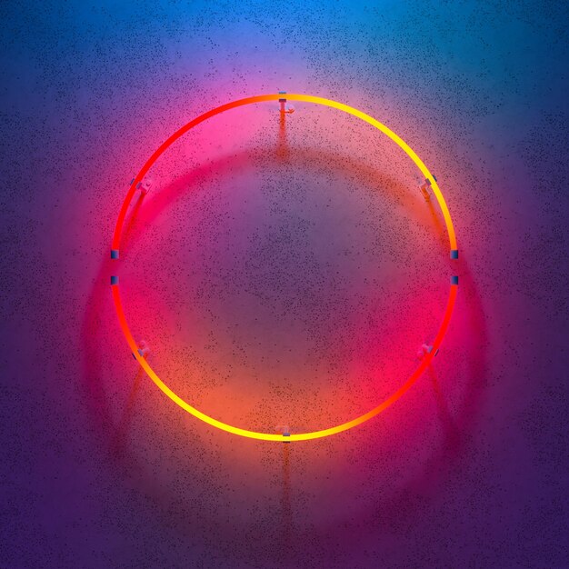 Foto quadro a neon rotondo luminoso sulla parete blu scuro illustrazione 3d a gradiente multicolore luminoso