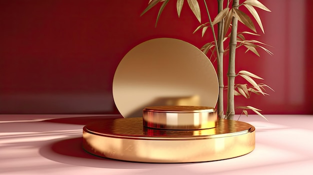 A round gold stand with a plant in the background.