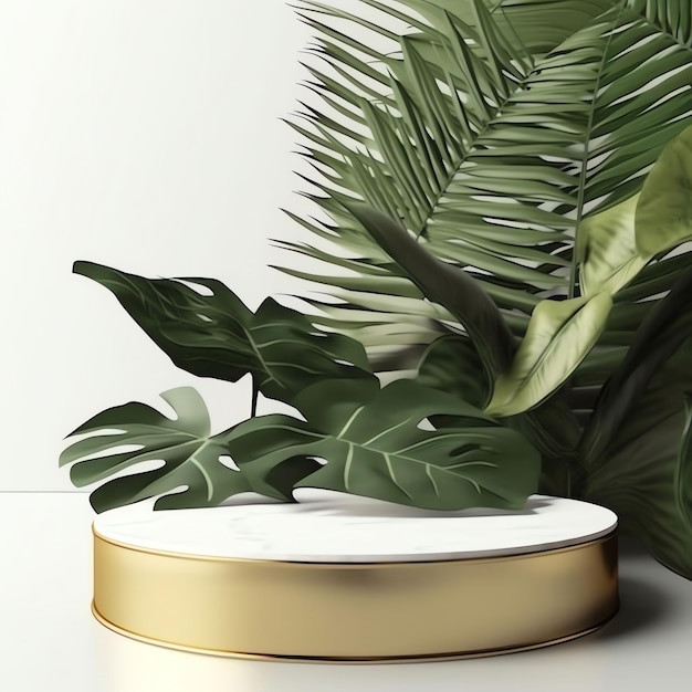 A round gold and white box with a green leaf next to a plant.